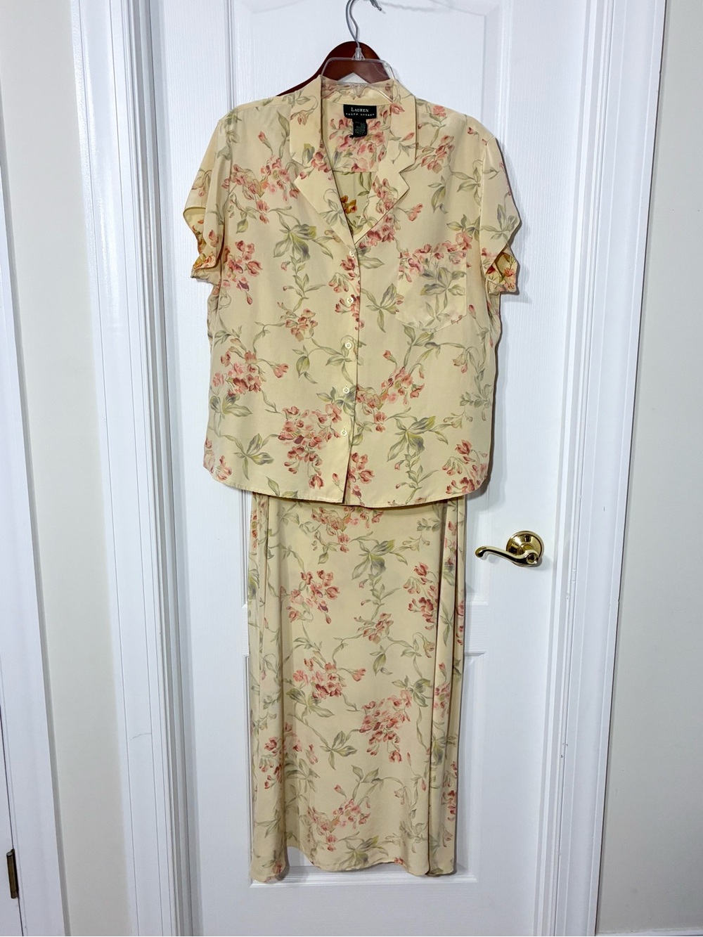 Y2K VTG Lauren Ralph Lauren SILK Floral Reverse Print Skirt Blouse Set Yellow 16